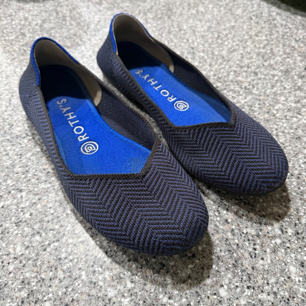 Rothys The Flat Navy Black Herringbone Knit Ballet Flats Shoes Womens 8 Preppy